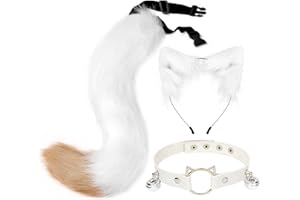 QinRuan Cat Ears and Wolf Fox Animal Tail Cosplay Costume Faux Fur Hair Clip Headdress Halloween Leather Neck Chocker Set (3-Baituo)