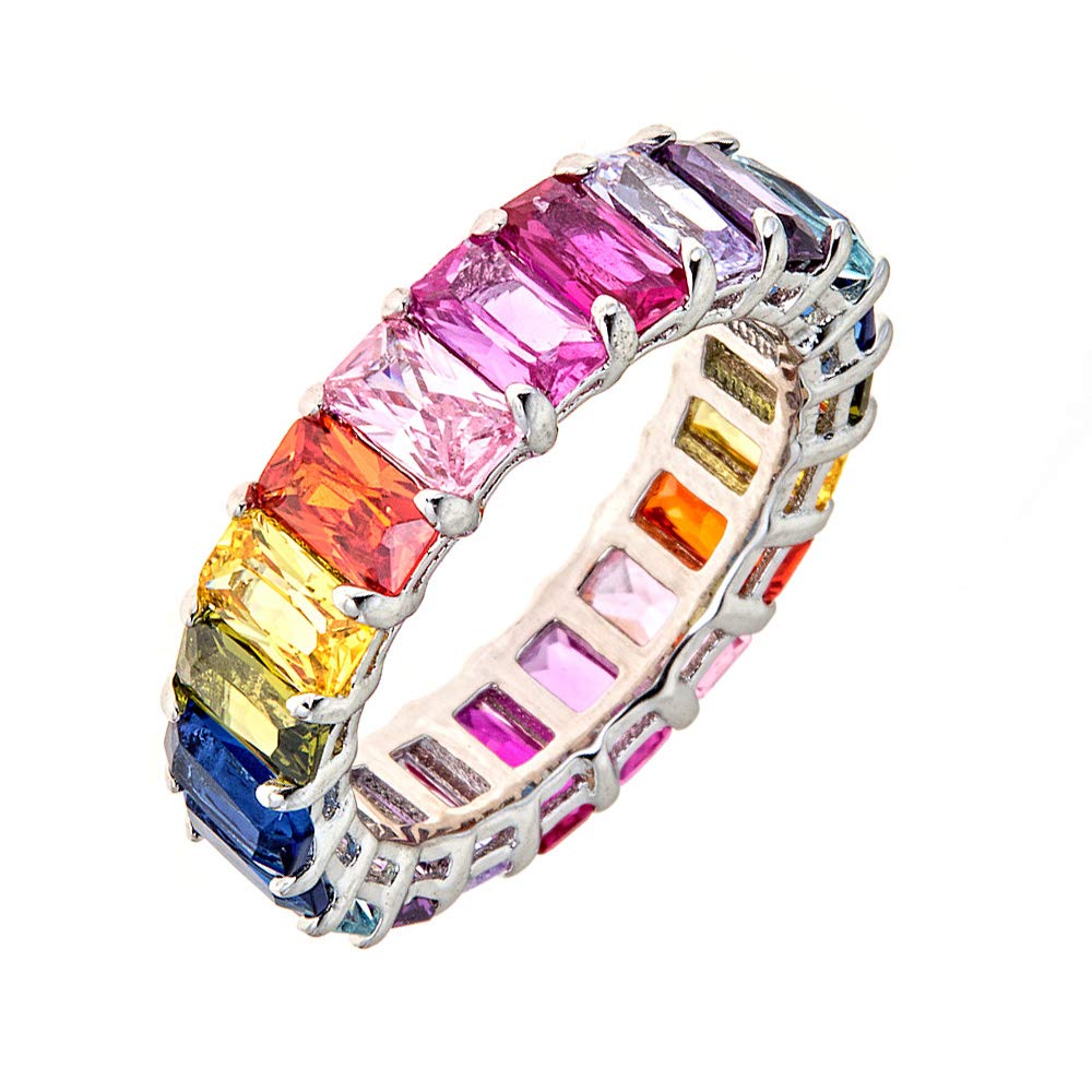 Maya J Eternity Ring - Emerald-Cut, with Artisan Fashioned Gemstones, 5 UK, Zirconia,Brass