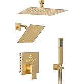 HoliSpa Gold Shower System, Shower Faucet Set with 3 In 1 Push Button Valve, Shower Faucet included 10" Ceiling Shower Head and 8" Wall-Mount Shower Head with Handheld Spray, Brushed Gold