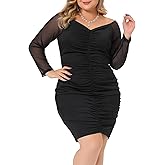 Agnes Orinda Plus Size Bodycon Dress for Women Sexy Elegant Off Shoulder Mesh Long Sleeve Ruched Party Cocktail Dress