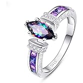 AZQ Women's Natural Rainbow Color Gemstone Ring 925 Sterling Silver Simulated Mystic Topaz Promise Ring Eternity Engagement Wedding Band Ring for Her