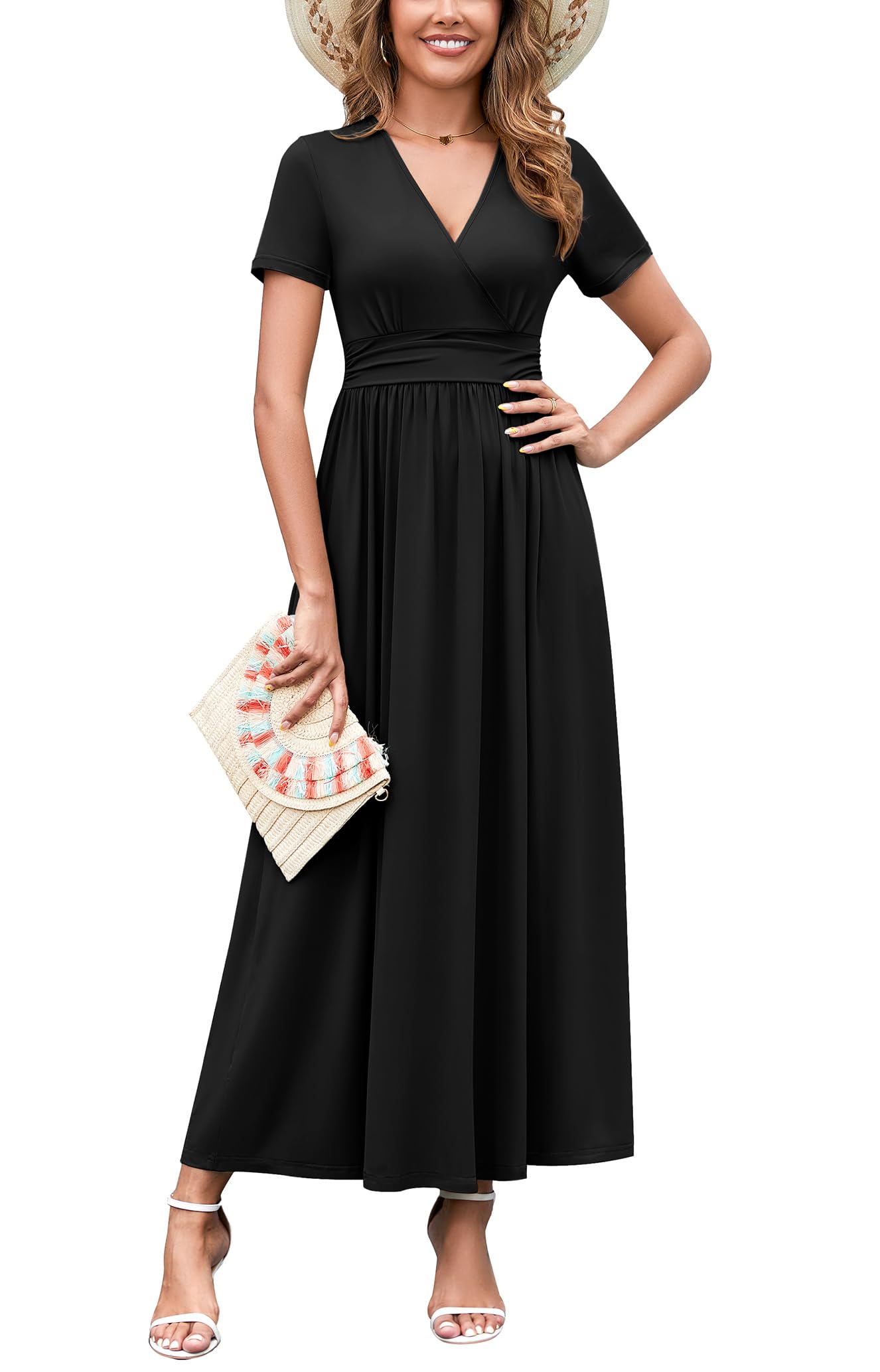 Photo 1 of WEACZZY 2026 Summer Dresses for Women Casual Wrap Empire Pleated Waist V Neck Short Sleeve Maxi Dress Travel Holiday Elegant Long Dresses with Pockets,Black,L
