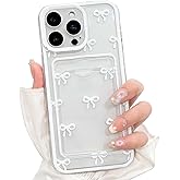 NITITOP Compatible with iPhone 16 Pro Max Case with Card Holder Clear Cute Bow Ribbon for Women Girls Colorful Frame Soft TPU Wallet Shockproof Protective Cover - White