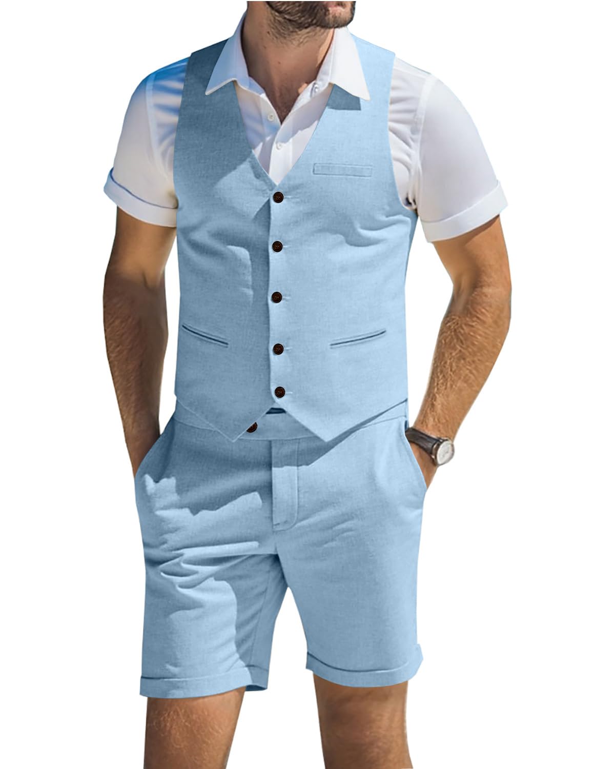 Photo 1 of Diaryan Men's Linen Suits Blue 2 Piece Vests Short Pants Suit for Men Casual Summer Beach Groomsmen Wedding Waistcoat Set Outfit 2XL