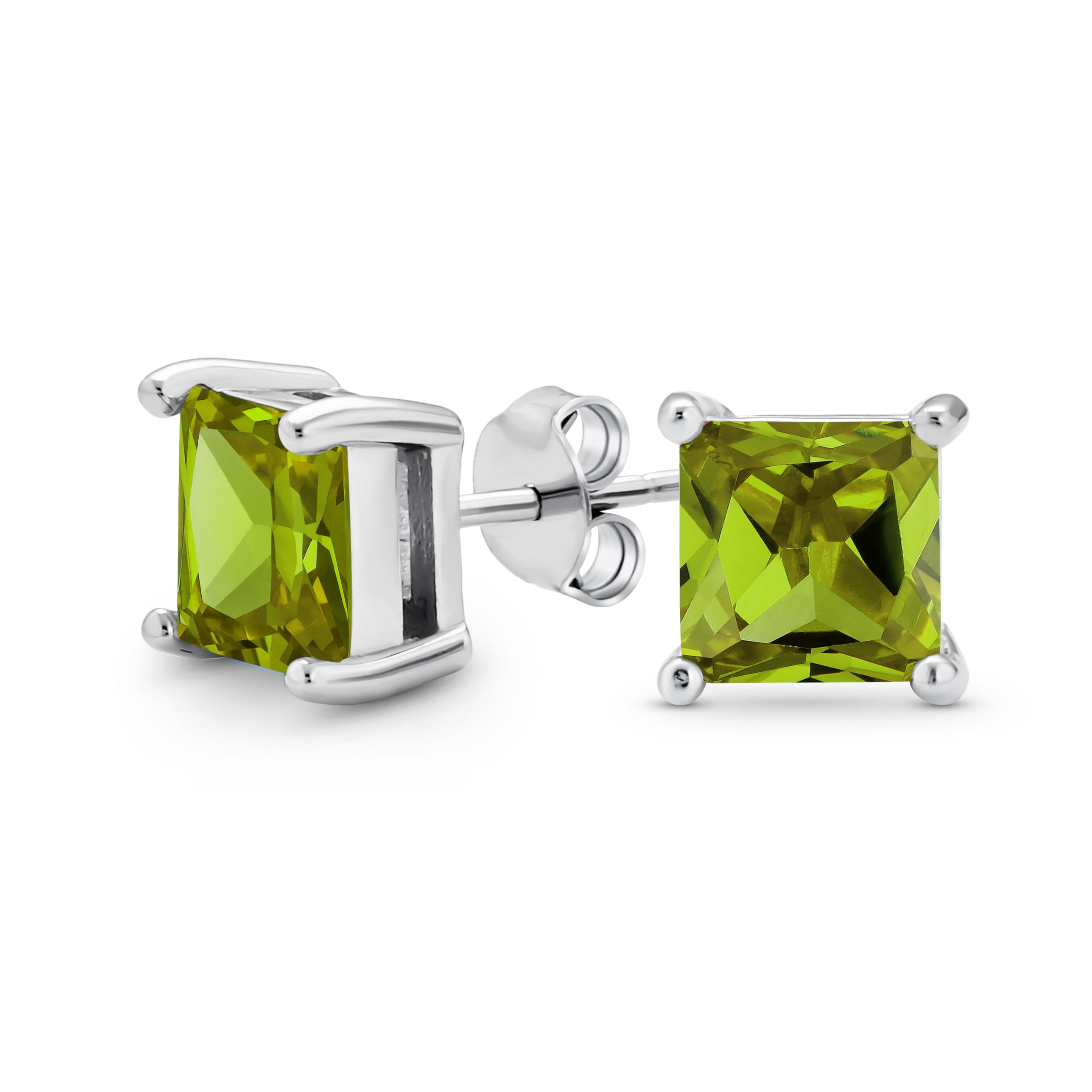 Olive Green Square Brilliant Princess Cut Prong Set Stud Earrings For Women Simulated Peridot CZ .925 Silver