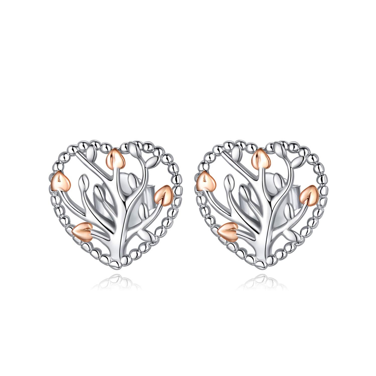 PEIMKO 925 Silver Sterling Silver Tree of Life Dainty Heart Stud Earrings, White/Rose/Gold Plated Family Tree Jewelry Gifts for Women Girls,Mother's Day Gifts for Mom (Rose Gold Plated)