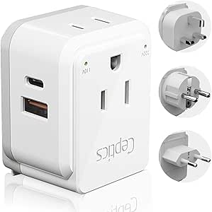 European Plug Travel Adapter Set, Ceptics, Safe Dual USB &amp; USB-C - 2 USA Socket - Compact &amp; Powerful - Use in Germany, France, Italy, UK - Includes Type E/F, Type C, Type G SWadAPt Attachments