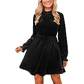 CUPSHE Women's Fall Dresses 2025 High Neck Long Sleeve Mini Party Ruffled Casual Tunic Velvet Wedding Guest Dress Black, M