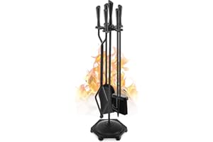 Gtongoko 5 Pcs Fireplace Tools Set 32" Black Wrought Iron Large Fire Tool Set for Outdoor/Indoor Include Chimney Poker, Rustic Tongs, Shovel, Antique Brush and Stand Accessories Set