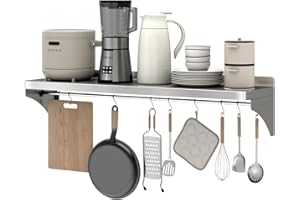 VENFAN 12" x 48" Stainless Steel Shelf Wall Mounted | Heavy-Duty Commercial Stainless Steel Shelf Storage with 8 Hooks for Kitchen Wall, Restaurant, Garage and Microwave Oven