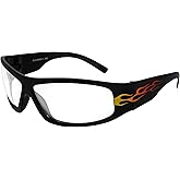 Birdz Eyewear Blackbird Sport Motorcycle Riding Sunglasses Black Orange Flames Frame with Clear Lens