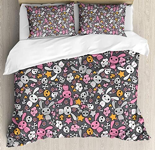 USOPHIA Doodle 4 Pieces Bed Sheets Set Queen Size, Kawaii Bunnies and Clouds with Cute Heart Eyed Skulls Japanese Anime Design Print Floral Duvet Cover Set, Multicolor