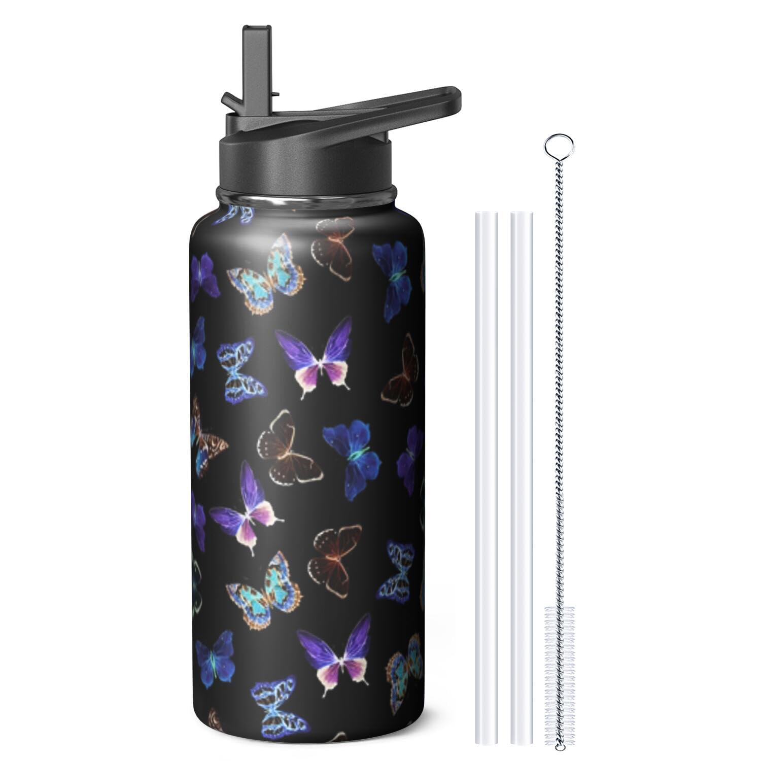 Photo 1 of 32oz Butterfly Water Bottle with Handle and Flip Straw, Animal Sports Stainless Steel Insulated Cup Travel Coffee Mug Tumbler, Birthday Mothers Day Chritmas Gifts for Women
