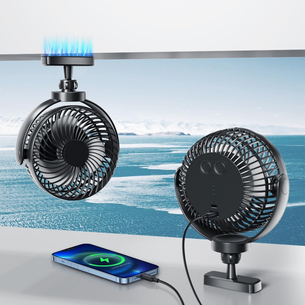 Photo 1 of 2025 Magnetic Cruise Fan Rechargeable,10000mAh Battery Operated Portable Fan with 3 Speeds, 30H Working Time,LED Lantern,360° Rotatable Head, Magnetically Sticks on Cabin Ceilings and Walls,Black