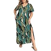 RITERA Plus Size Dresses for Women V Neck Casual Loose Pocket Short Sleeve Slits Maxi T Shirt Dress Summer Sundress XL-5XL