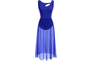 ODASDO Lyrical Dance Costumes for Women Contemporary Dancewear Sleeveless Cut Out Front Mesh Tulle Maxi Dress XS-XL