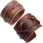 BaBakiak Punk Leather Cuff Bracelet, 2PCS Vintage Braided Leather Wristband for Men Women