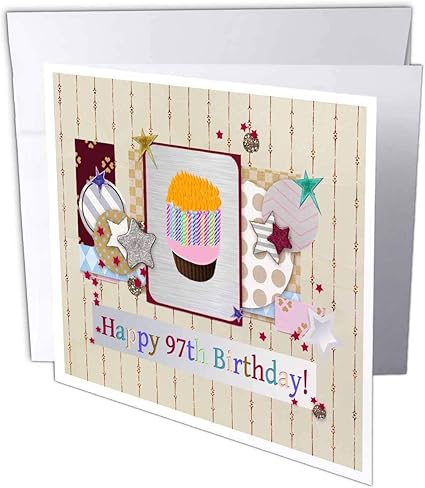 Amazon バースデーデザイン コラージュの 星 カップケーキとキャンドル 幸せ97th誕生日 グリーティングカード Individual Greeting Card グリーティングカード 文房具 オフィス用品