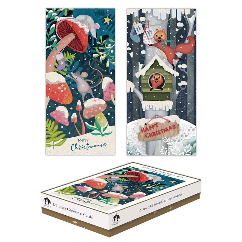 Tallon Festive Wonderland XCA0221 Luxury Slim Christmas Xmas Cards, Box of 12, Illustrated Wood