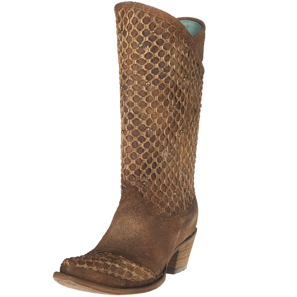 Women's Camel Netting Overlay and Studs Cowgirl Boot Snip Toe Camel