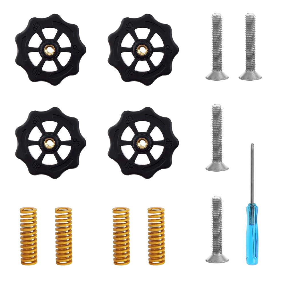 YIXISI 4 PCS 3D Printer Leveling Kit Hand Twist Leveling Nut, with 4 PCS Hot Bed Die Spring and 4 PCS Screw and 1 PC Screwdriver, for Creality 3D Printer CR-10 CR-10s Ender 3 Ender 3 Pro Ender 5