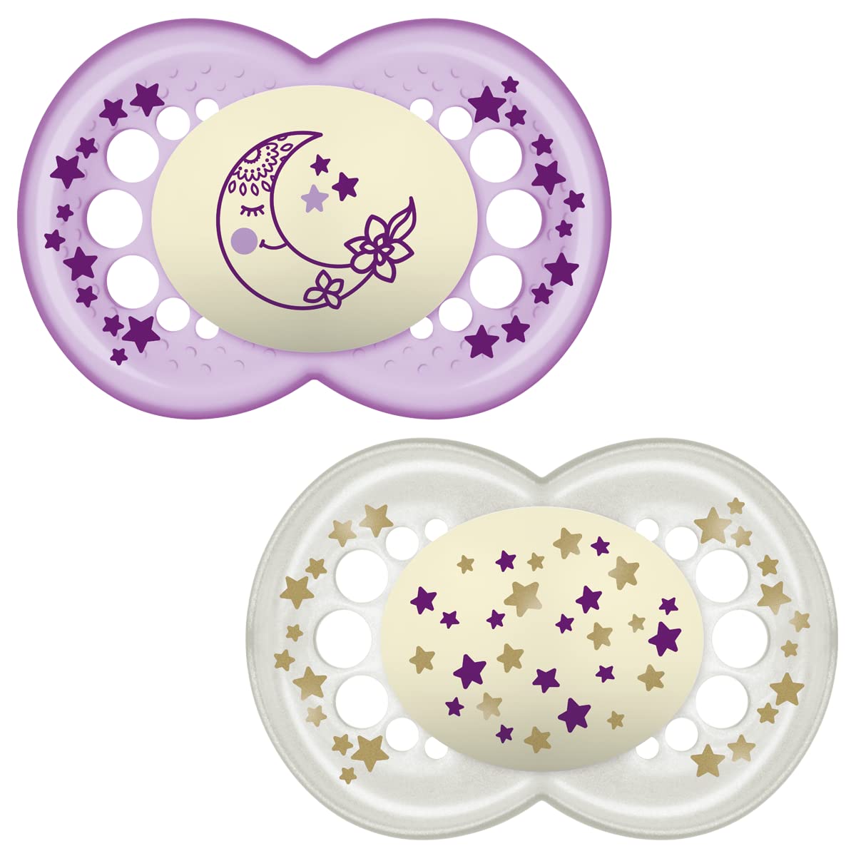 MAM Night Soothers 6+ Months (Pack of 2), Glow in The Dark Baby Soothers with Self Sterilising Travel Case, Newborn Essentials, Purple/White, (Designs May Vary)