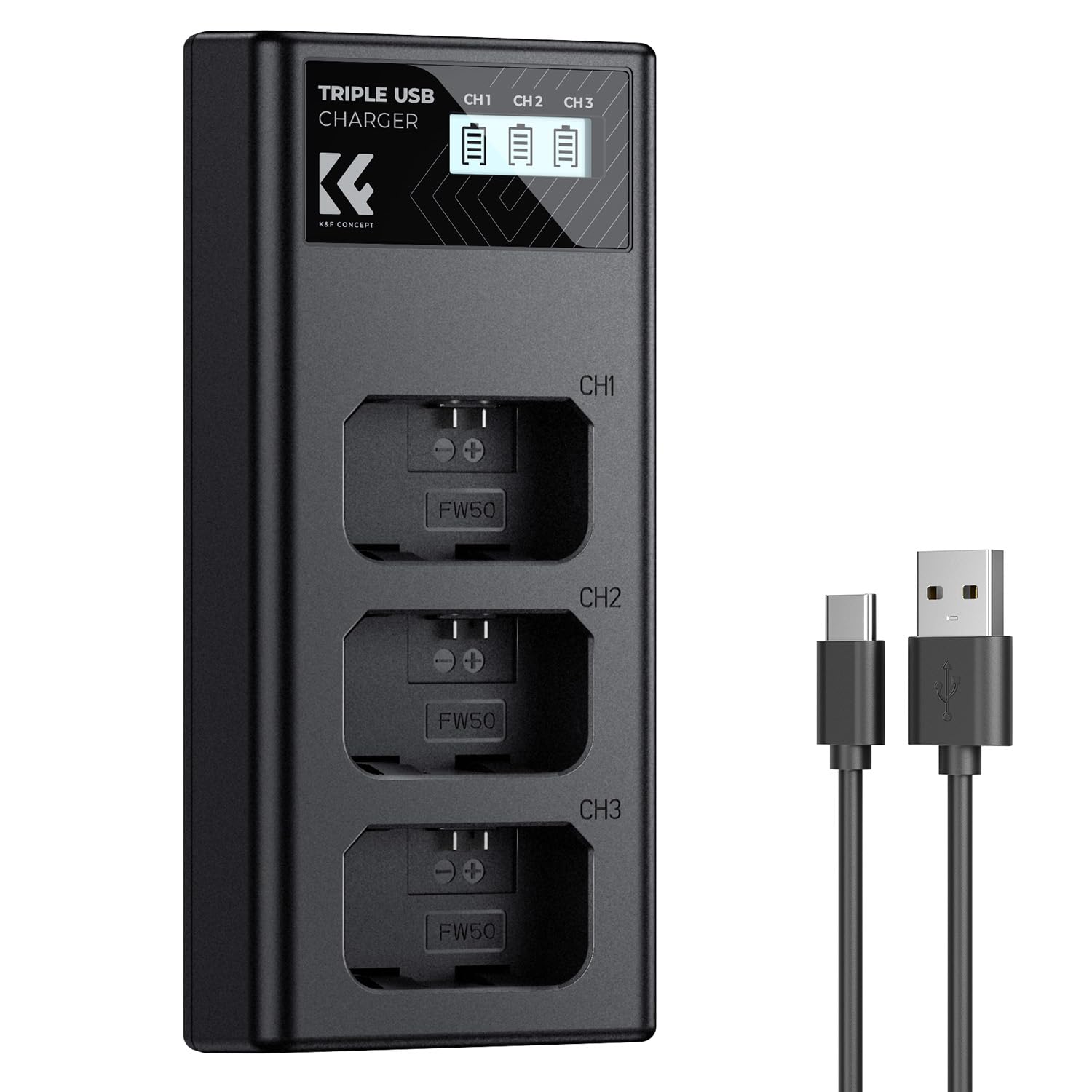Photo 1 of K&F CONCEPT NP-FW50 Charger 3-Slot ZV-E10 Battery Charger with LCD Display for Sony A6400 A6600 ZV-E10 A7 A7ii Cameras