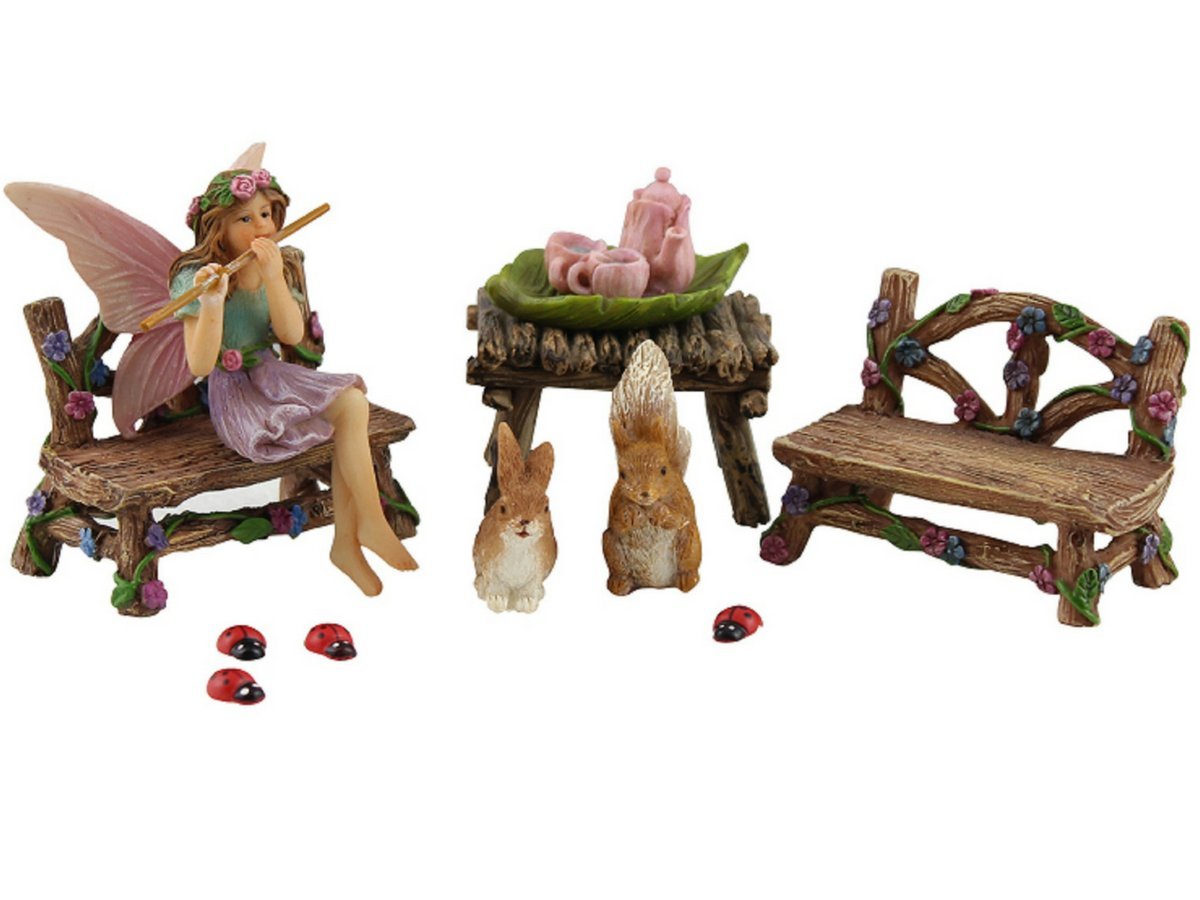 PRETMANNS Fairies for Fairy Garden Accessories for Outdoor - Figurine Bella and Furniture for Miniature Set with Squirrel, a Bunny, 4 Ladybugs - Ideal for Fairy Garden Starter Kit - 14 Piece Supplies