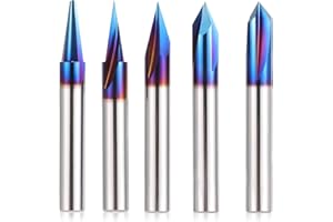 HQMaster 5PCS CNC Wood Carving Router Bits Set, 1/4'' Shank, 15° Detail Carving Liner+ 20° Profile bit+30°+60°+ 90° V Groove Router Bit Set