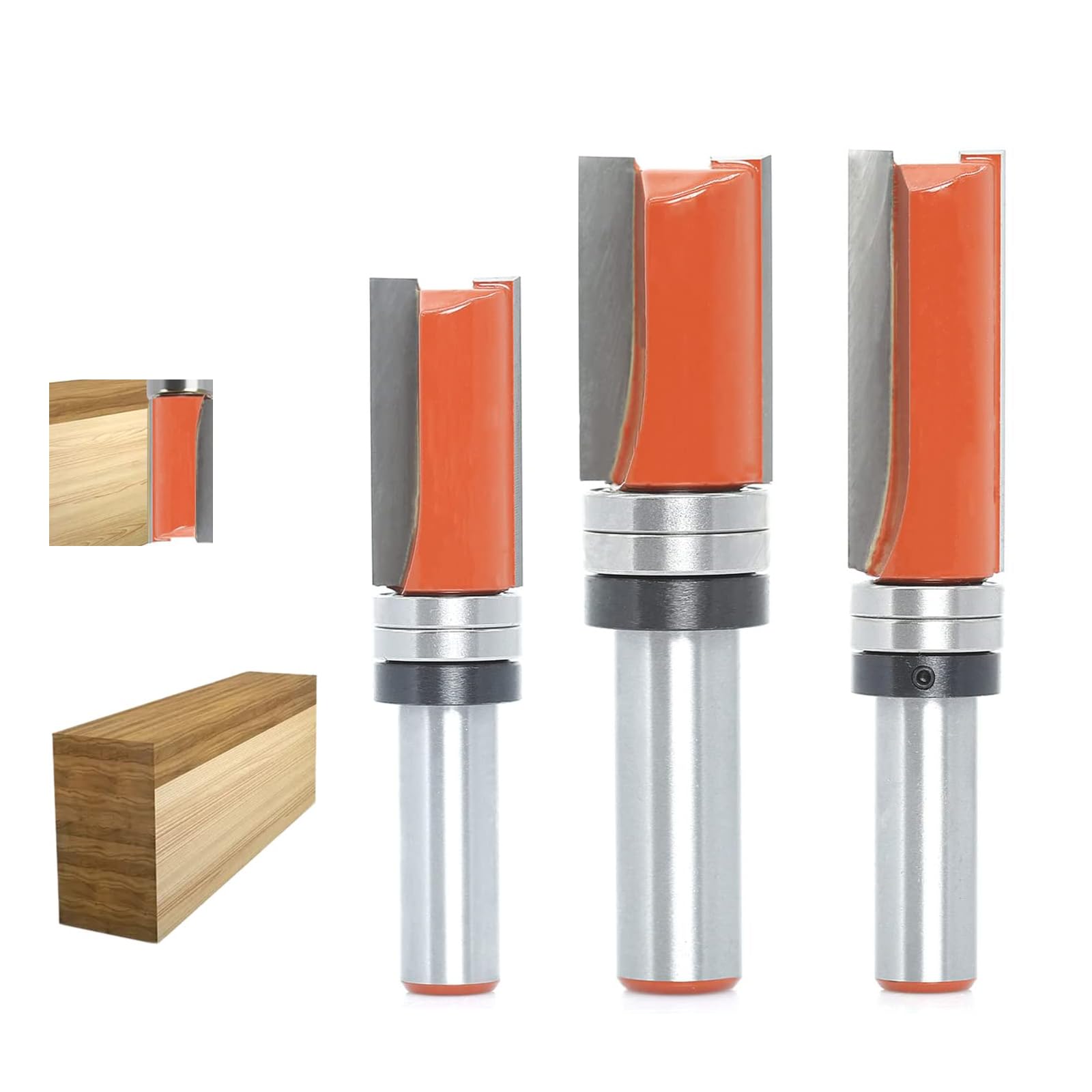 Sinoprotools 3pcs Flush Trim Router Bit Set 1/2 inch Shank, Cut Dia: 3/4", Cutting Length 1-1/4",1-1/2" , 2", Top Bearing Flush Cut Trim Router Bit for Woodworking