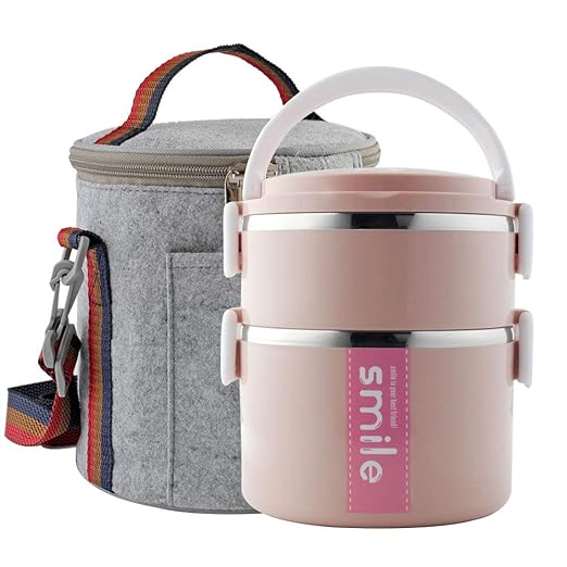 Worthbuy Stackable Lunch Box Stainless Steel Inner 2 Tier Round Lunch