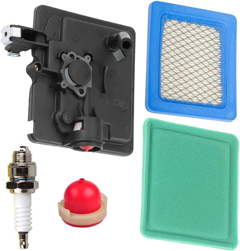 Carkio Replacement Primer Bulb Flat Air Filter Cartridge Pre Filter Spark Plug with 795259 Air Cleaner Primer Base Compatible with Briggs & Stratton 792040 691753 496116 Lawn Mower