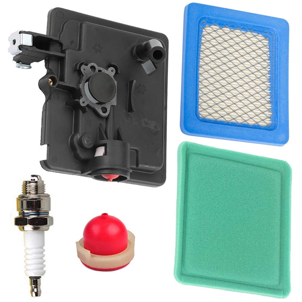 Carkio Replacement Primer Bulb Flat Air Filter Cartridge Pre Filter Spark Plug with 795259 Air Cleaner Primer Base Compatible with Briggs & Stratton 792040 691753 496116 Lawn Mower