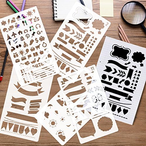 BOMS 5 Pcs Journal Stencil and 12 Pcs Marker Pen Journal/Notebook/Diary Drawing Template Planner Stencil 4x7 Inch for A5 Notebooks Scrapbooking DIY Albums Accessories Card