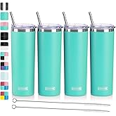 koodee 20 oz Stainless Steel Skinny Tumblers (4 Pack) Double Wall Insulated Water Tumbler Cup with Lids, Straws and Straw Brushes (Teal, 4 Pack)