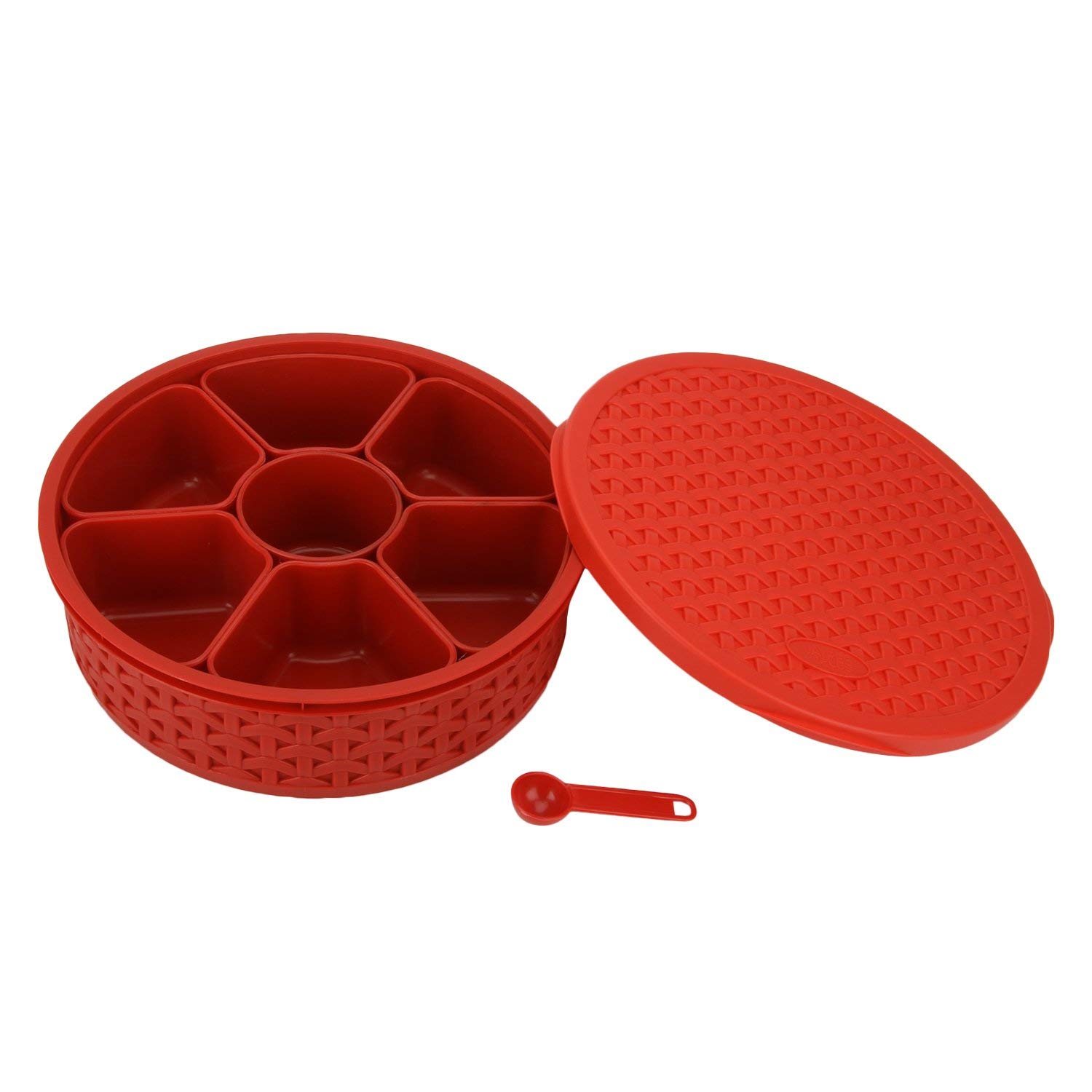 Pick N Save Plastic Masala Box, Spice Box, Masala Dabba, Authentic Indian Masala Dabba perfect for your spice storage with 7 containers and a FREE serving spoon (Red)