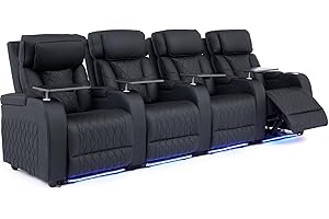 Airadlis Home Theater Seating Top Grain Leather, Movie Theater Chairs Theater Recliner Sofa with Dual Power Ergonomic Design 7 Colors Ambient Lighting Tray Table Type-C USB Charge (Black, Row of 4)