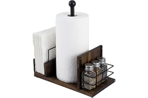 MyGift Rustic Burnt Solid Wood and Industrial Matte Black Metal Dining Combination Caddy with Paper Towel Roll Dispenser Stand, Napkin Holder, and Spice Rack