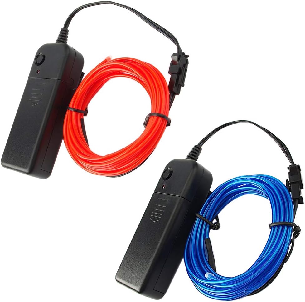 YuCool 2 Pack El Wire Kit Two Color 10ft Neon Glowing Strobing Electroluminescent Light for Halloween Christmas Party Decoration Home Improvement - Red, Blue