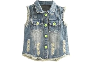 Mud Kingdom Denim Vest for Little Girls Button-Down Sleeveless Outerwear Lapel Retro Ripped