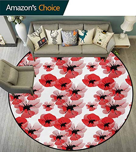 Floral Art Deco Pattern Non-Slip Washable Round Area Rug,Poppies Retro Halftone Effect Fertility And Eternal Life Symbols Vintage Foam Mat Living Room Decor,Round-51 Inch Vermilion Black White