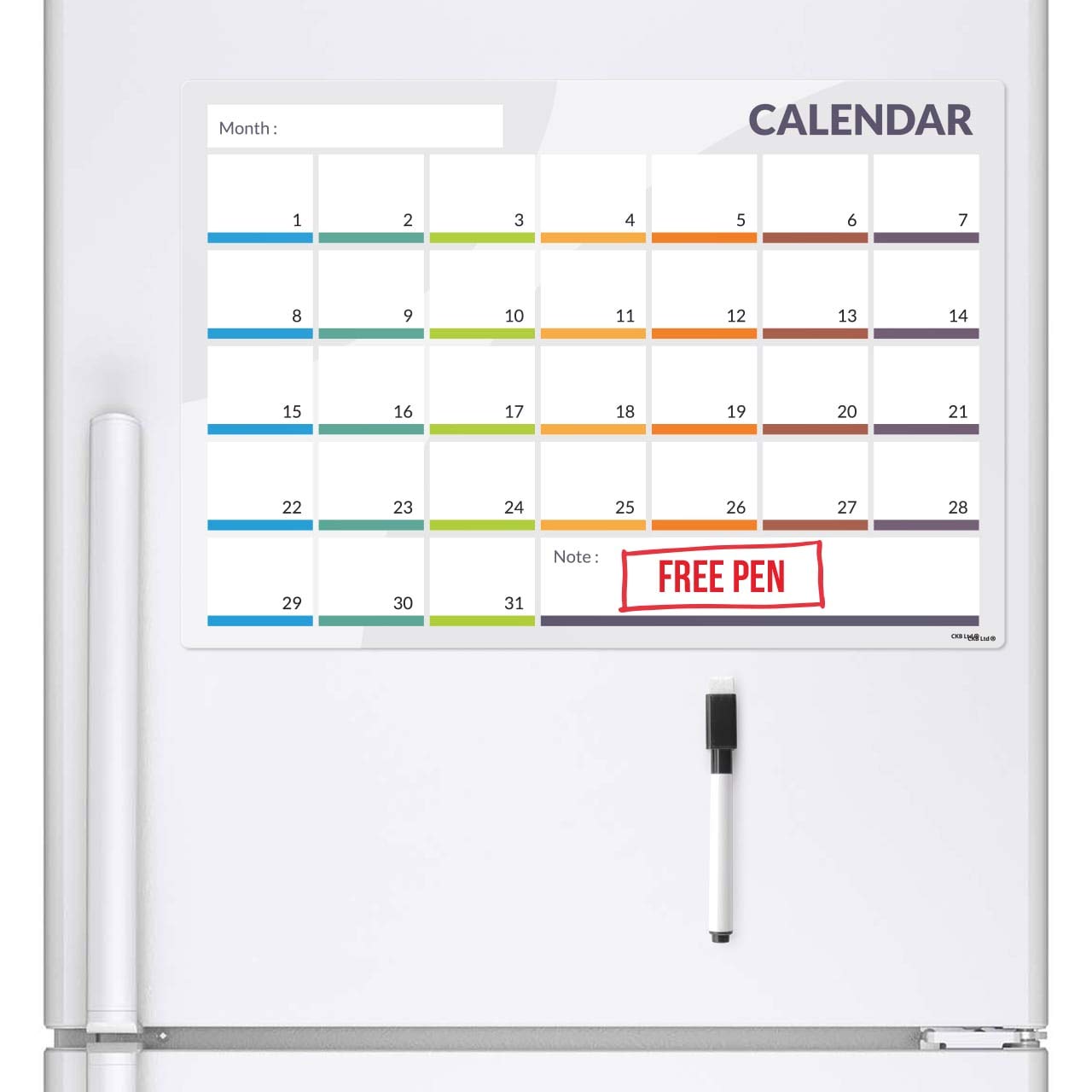 CKB LTD® CALENDAR 31 Day Magnetic Fridge Board With Marker White Board & Pen - Drywipe Magnet Whiteboard Kitchen Office Memo Notice Board Large Daily Planner