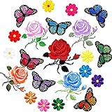 Maxdot 24 Pieces Embroidery Applique Patches Sunflowers Butterfly Rose Flowers Iron on Patches for Jeans, Jackets, Clothing, Scrapbooking Art Craft