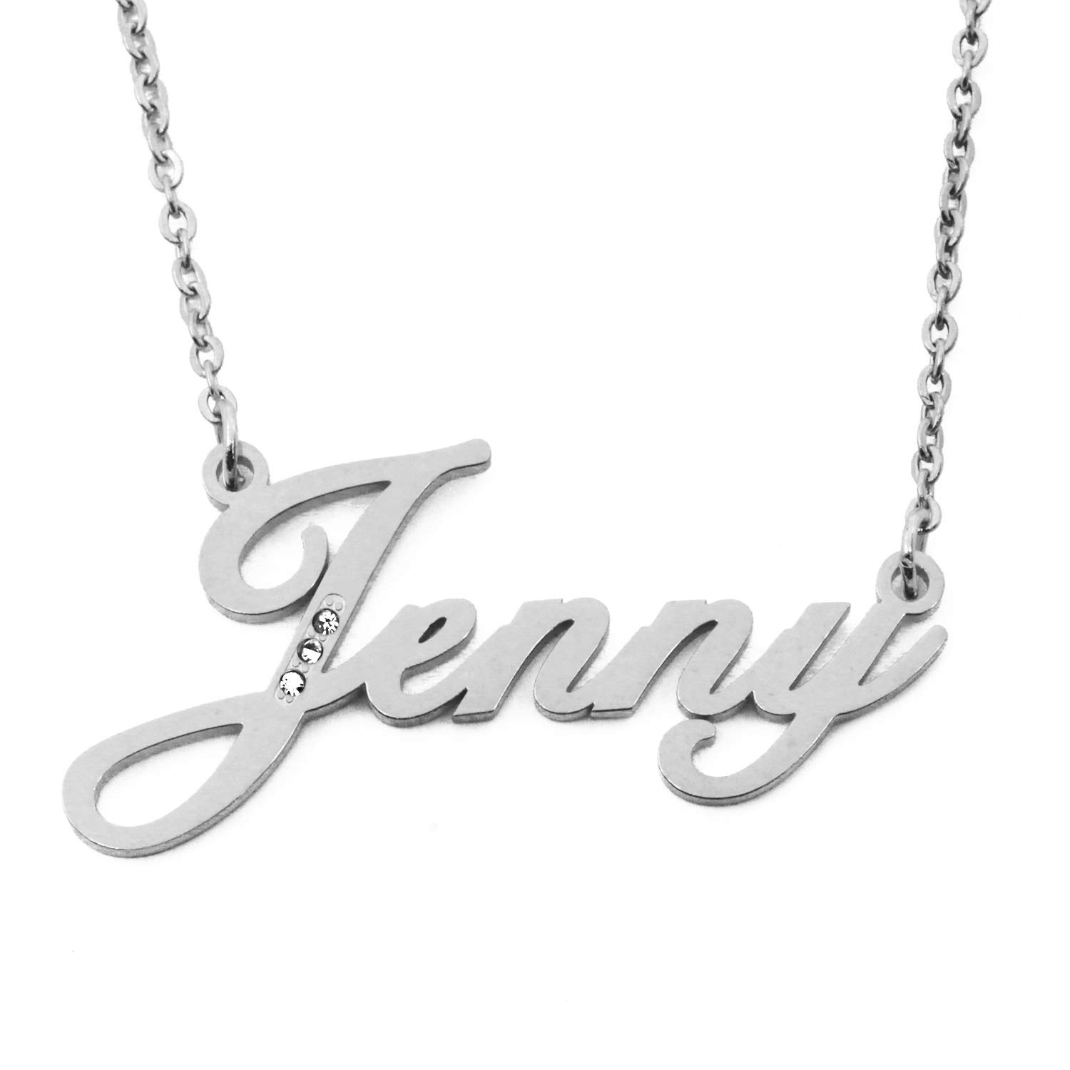 Kigu Name Necklace Jenny- Silver Tone -Personalised Name Necklace,Name Pendant Julie,customised Jewellery for Women,Adjustable Chain 16" to 19",incl Gift Box,Bag,Pouch