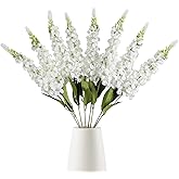 IPOPU 8PCS White Snapdragon Artificial Flowers Delphinium Artificial Silk Flowers Long Stem Hyacinth Fake Flowers for Wedding Home Outdoor Party Floral Arrangement Centerpiece Table Decoration (White)