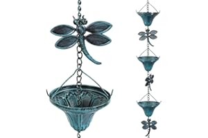 Vindar 8.5 Feet Retro Iron Dragonfly Rain Chain for Gutters Downspouts Uutside, Antique Sky Blue Color 10 Flower Cups and 10 Dragonfly Decorative Rain Chains Rain Chain Set (Blue)