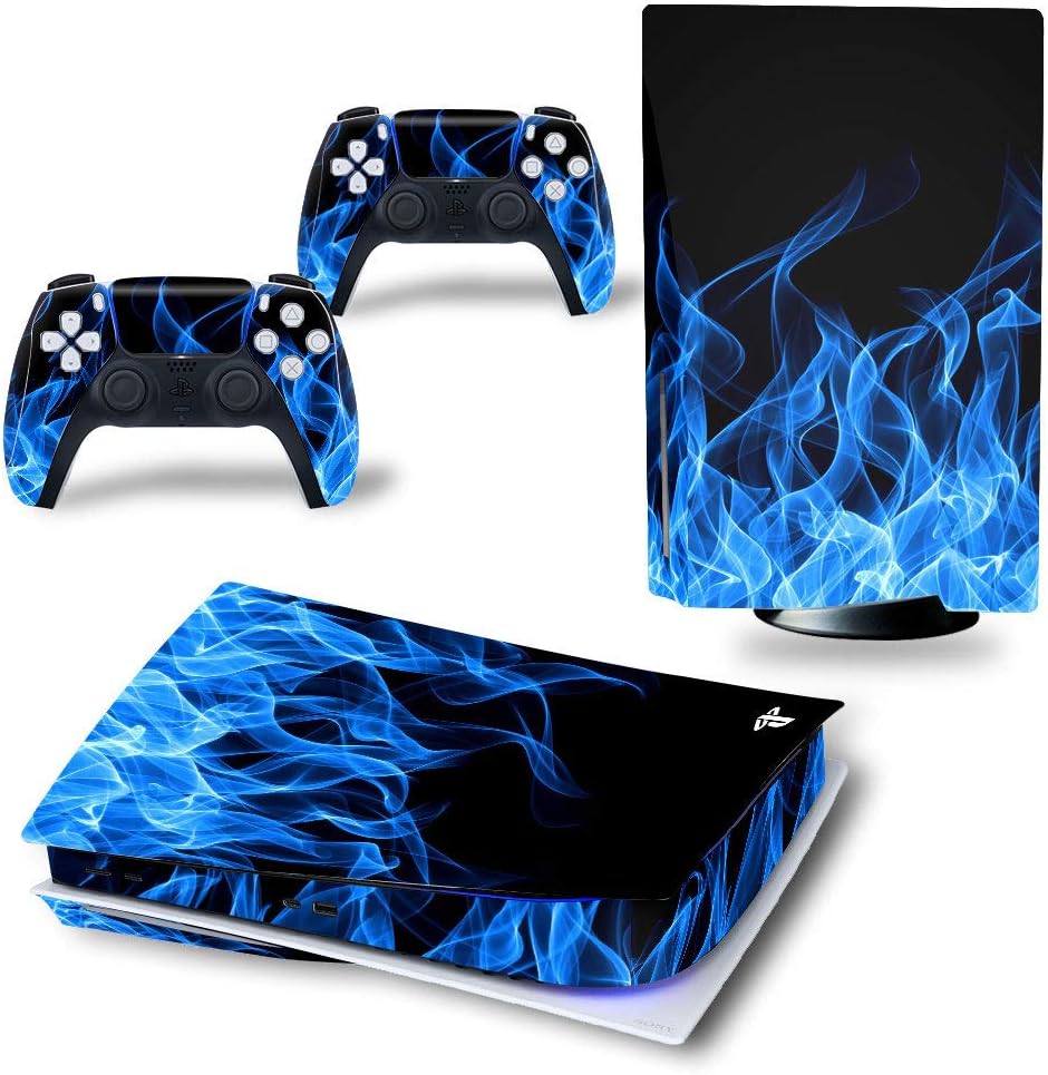 PS5 Console and Controllers Skin for Playstation 5 Disk Version, Blue Fire PS5