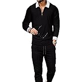 Kubsid Size XL White Collar Mixed Black Men's Polo Track Suit Sets Long Sleeve Mens Outfits 2 Piece Fashion Sweatsuit Comfy Casual Set for Men
