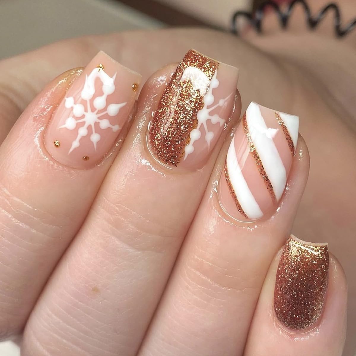 Photo 1 of plalely Square Press on Nails Medium Gold Christmas Fake Nails White Snowflake With Golden Cat Eye Design Stick on Nail Tips for Women 24pcs