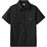 QBK Boys' Cotton Linen Short Sleeve Classic Button Down Shirts Boys Dress Shirt with Chest Pocket for 2T-16 Years